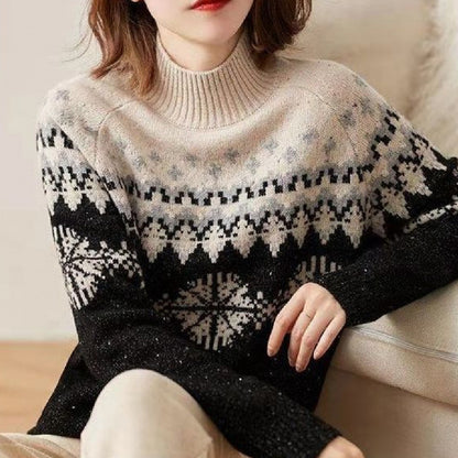 Pull tricoté rétro à col montant avec motifs flocon de neige pour l'automne et l'hiver