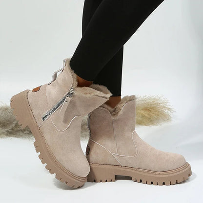 Bottes de neige femme chaudes en peluche, tige courte pliable, bout rond et semelle plateforme