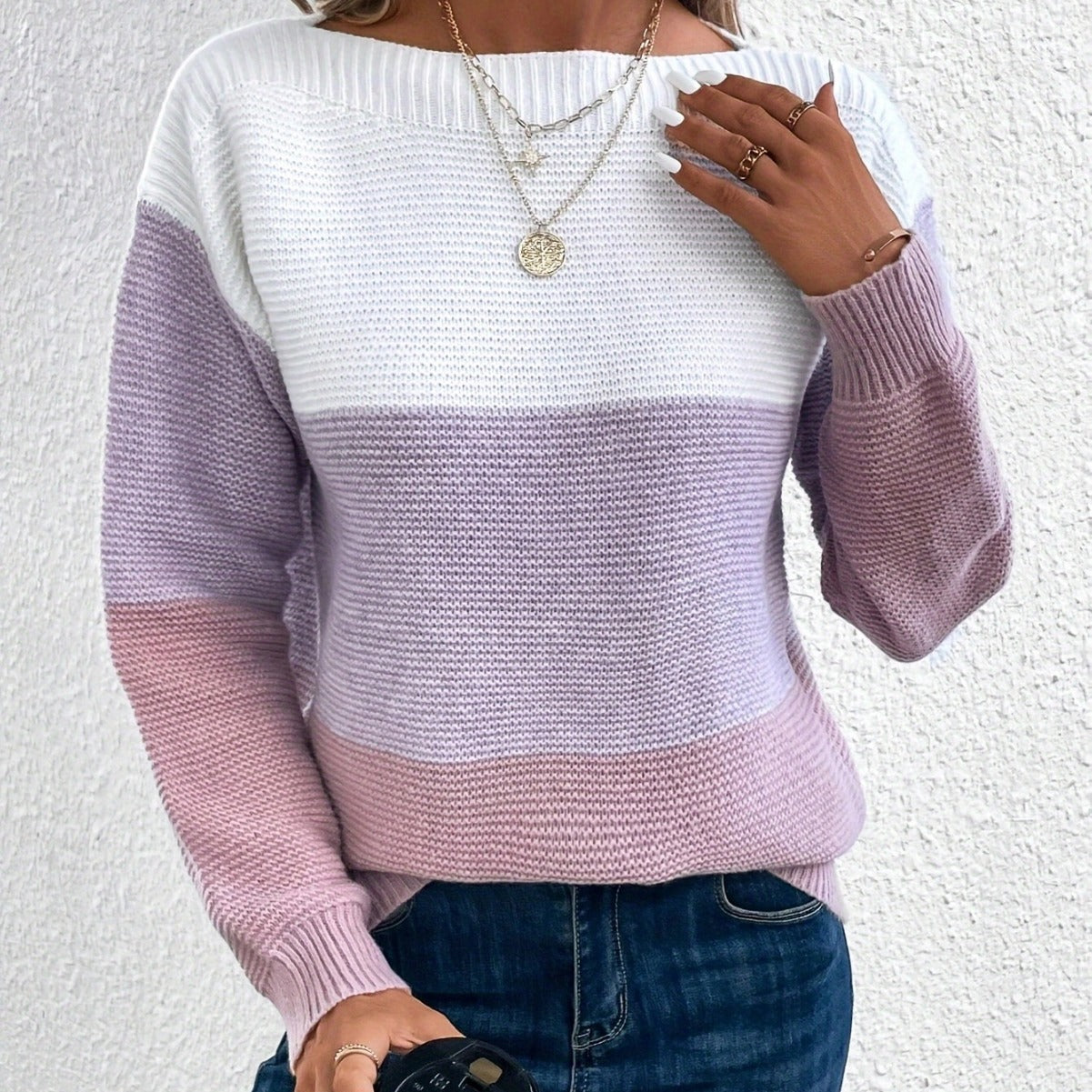 Pull tricoté à col rond mode, avec empiècements, coupe ample pour femme