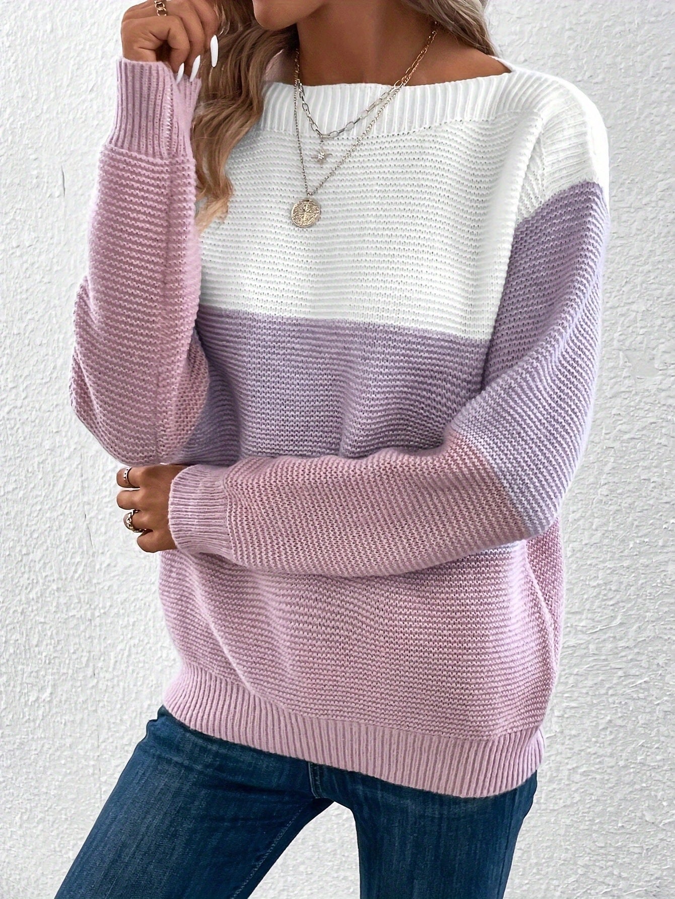 Pull tricoté à col rond mode, avec empiècements, coupe ample pour femme