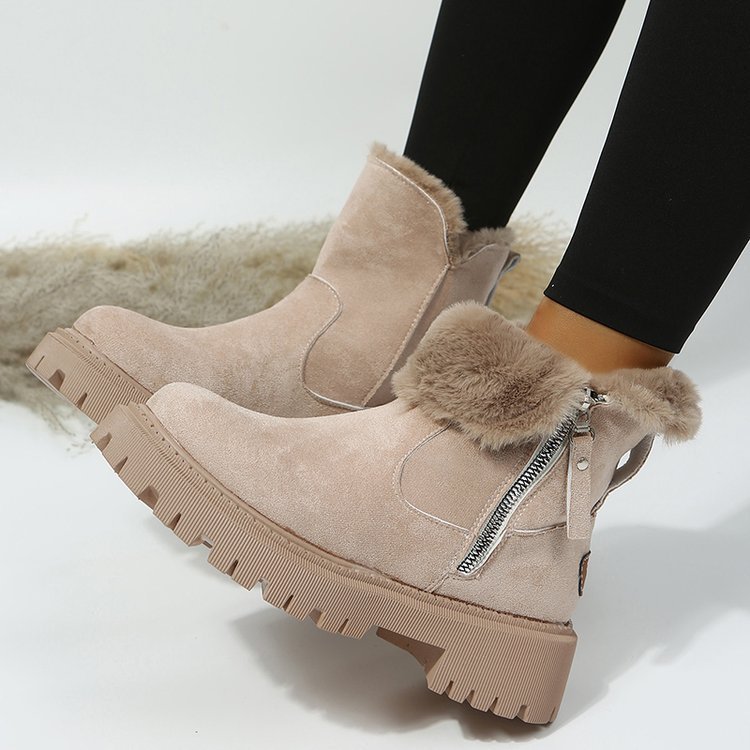 Bottes de neige femme chaudes en peluche, tige courte pliable, bout rond et semelle plateforme