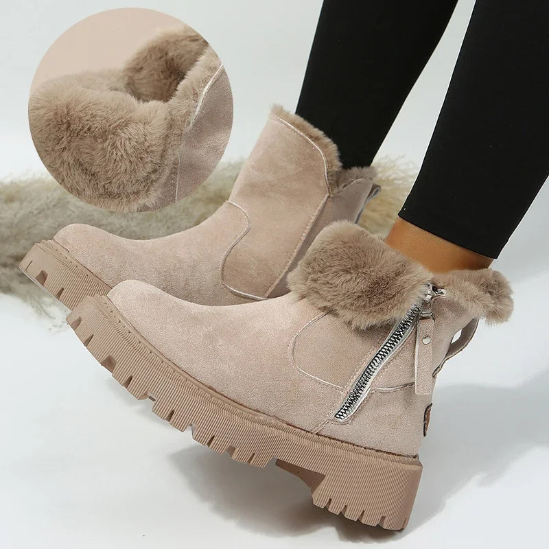 Bottes de neige femme chaudes en peluche, tige courte pliable, bout rond et semelle plateforme