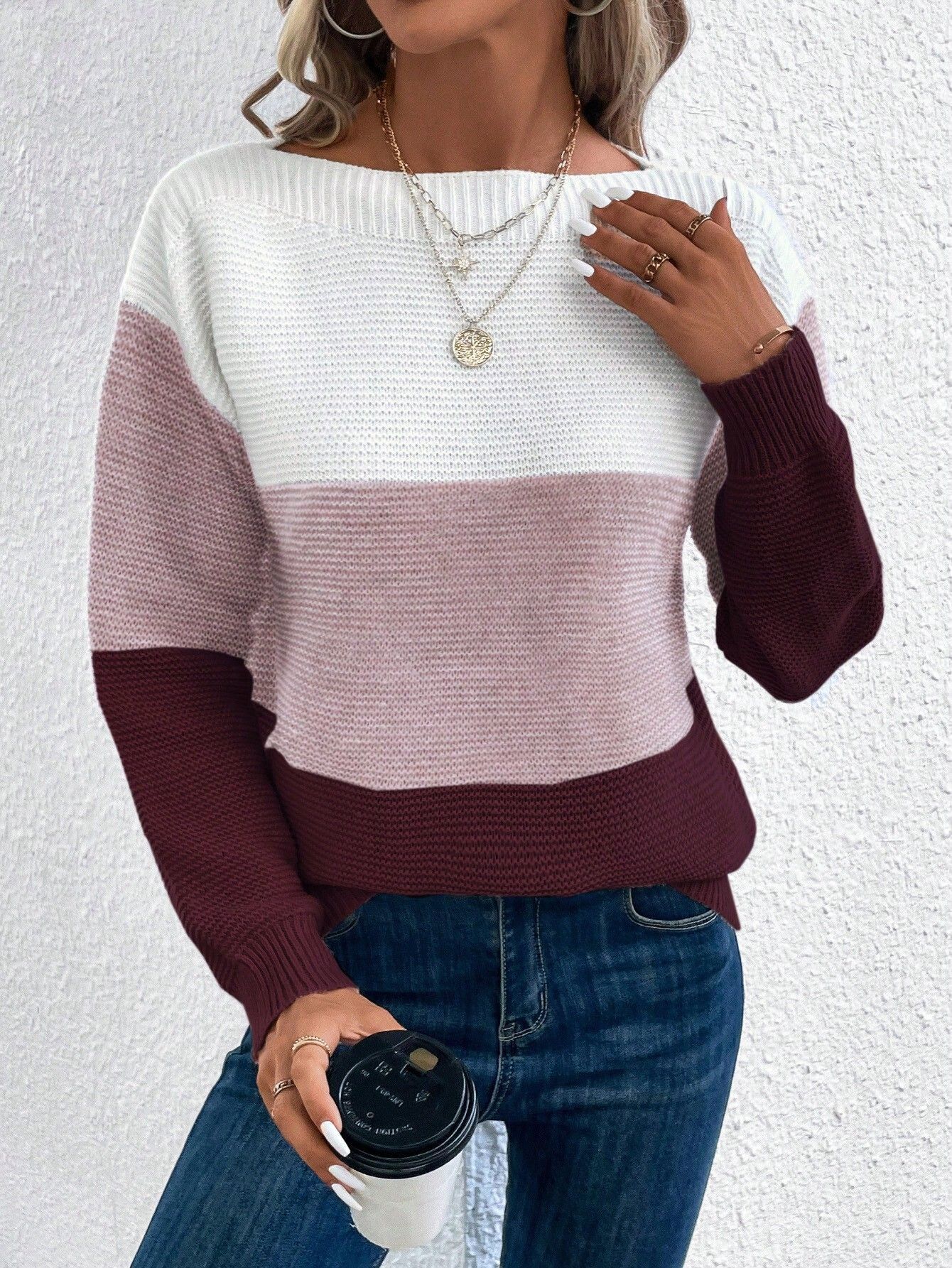 Pull tricoté à col rond mode, avec empiècements, coupe ample pour femme