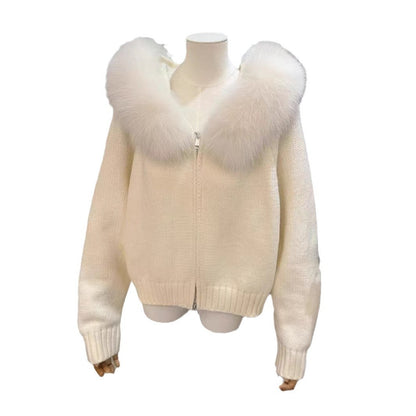 Cardigan Tricoté à Capuche avec Col en Fourrure pour Femme - Premium