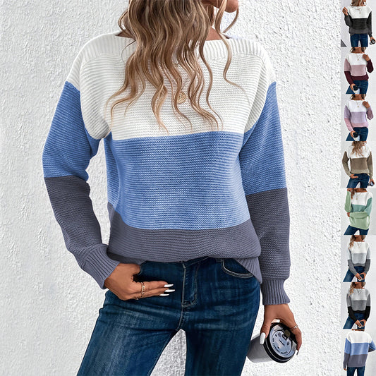 Pull tricoté à col rond mode, avec empiècements, coupe ample pour femme