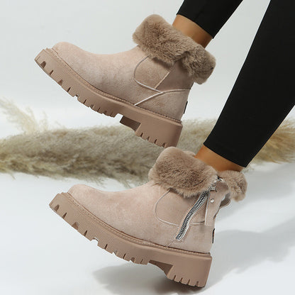 Bottes de neige femme chaudes en peluche, tige courte pliable, bout rond et semelle plateforme