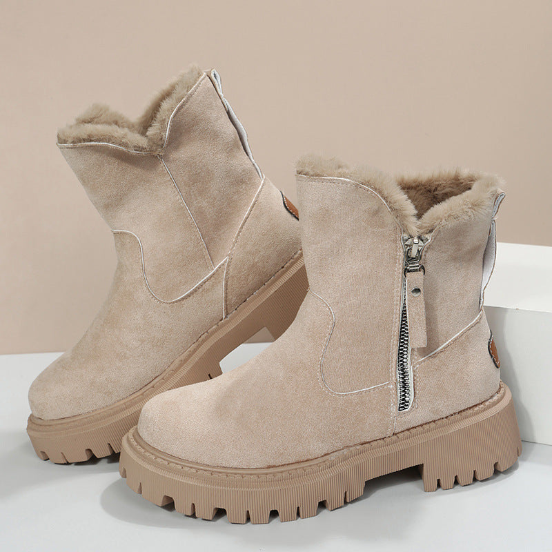 Bottes de neige femme chaudes en peluche, tige courte pliable, bout rond et semelle plateforme