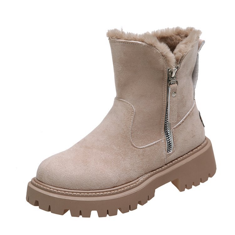 Bottes de neige femme chaudes en peluche, tige courte pliable, bout rond et semelle plateforme