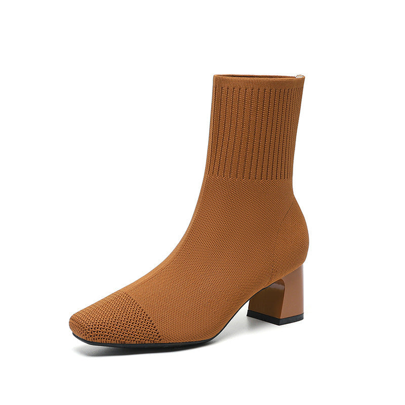 carla | Bottes à Talon Épais Élastiques – Bottines Chaussettes Tricotées