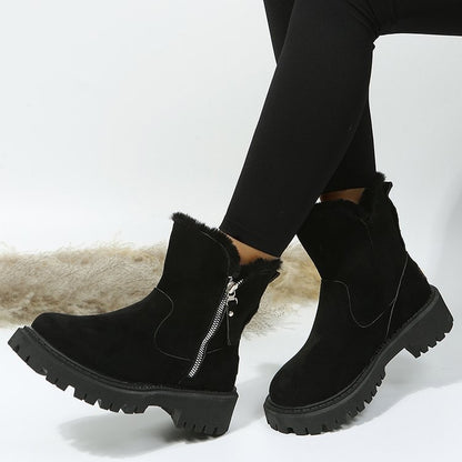 Bottes de neige femme chaudes en peluche, tige courte pliable, bout rond et semelle plateforme