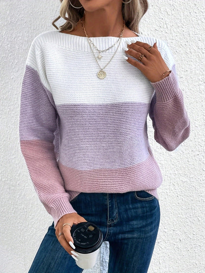 Pull tricoté à col rond mode, avec empiècements, coupe ample pour femme