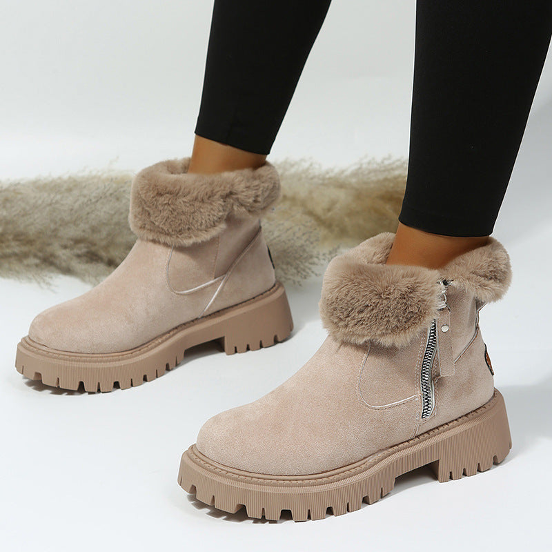 Bottes de neige femme chaudes en peluche, tige courte pliable, bout rond et semelle plateforme