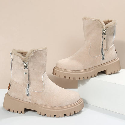 Bottes de neige femme chaudes en peluche, tige courte pliable, bout rond et semelle plateforme