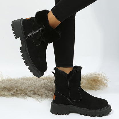 Bottes de neige femme chaudes en peluche, tige courte pliable, bout rond et semelle plateforme