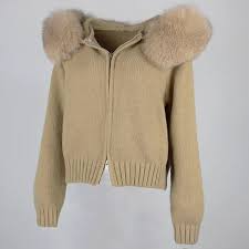 Cardigan Tricoté à Capuche avec Col en Fourrure pour Femme - Premium